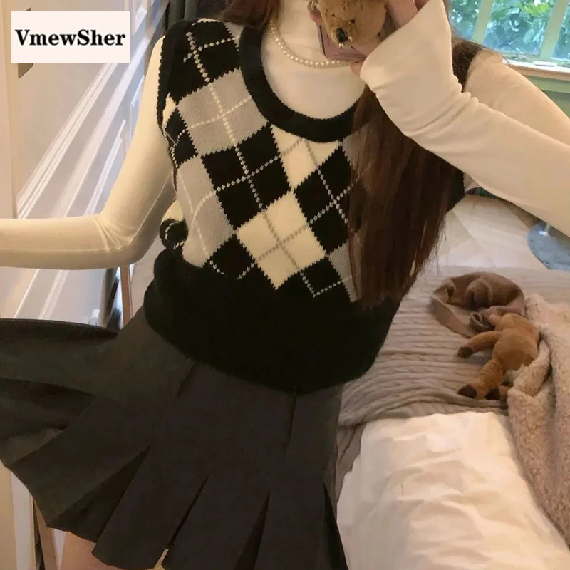 

VmewSher New Argyle Spring Women Short Sweater Vest O Neck Fashion Bodycon Plaid Sleeveless Knit Pullovers Chic Crop Jumper Tops
