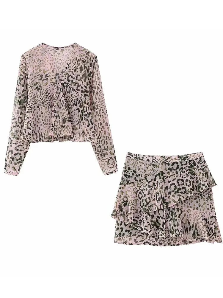 

ZBZA Women Ruffles Ruched Mini Skirts Sets 2023 New Fashion Animal Print Woman Suit Blouse Casual Two Piece Set Womens Outfits