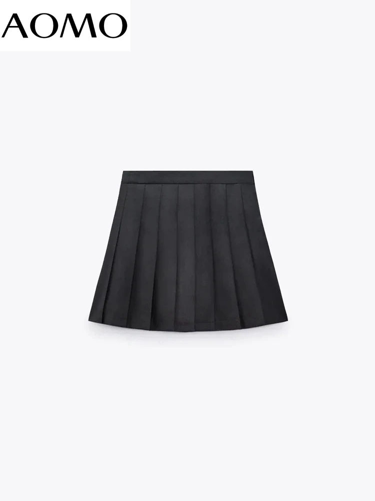 

AOMO 2022 Women Solid Pleated Skirts Faldas Mujer Zipper Female Mini Skirt 6H101A