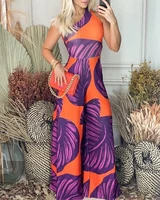 chaxiaoa 1 piece summer 2022 women one shoulder plants print chic daily wide leg jumpsuit
