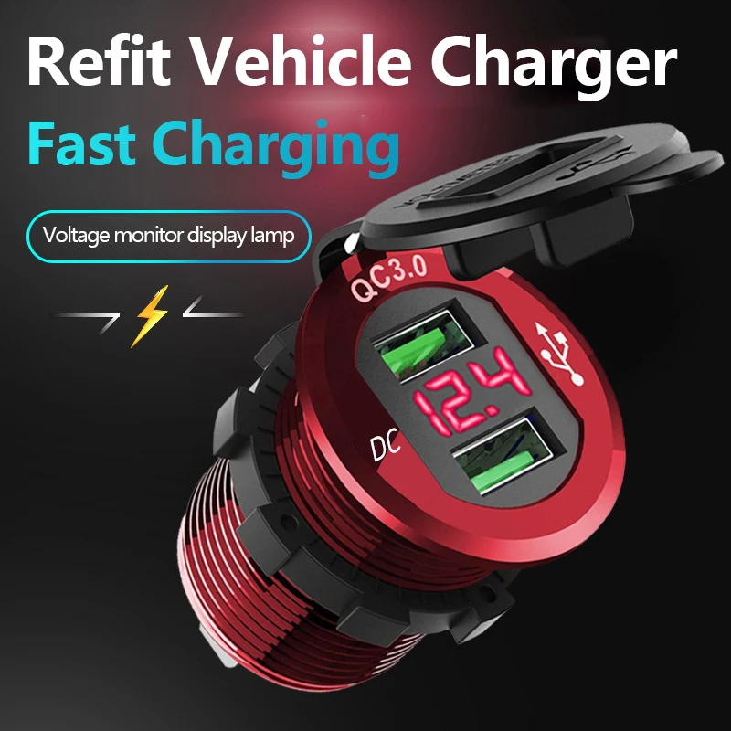 

12V / 24V Aluminum Waterproof Dual QC3.0 USB Fast Charger Adapter With LED Digital Voltmeter For Cars Ships Motorcycle Golf