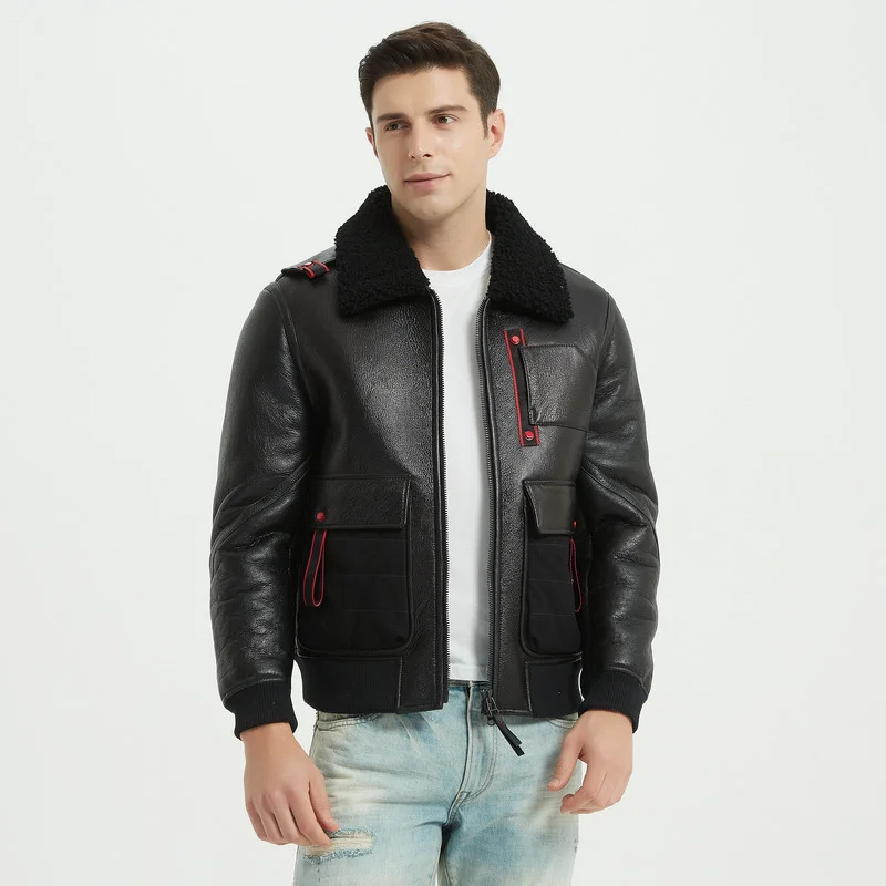 Sherling Multi-Pocket Mens Black Genuine Leather Jacket  Winter Sheepskin Fur Learher Motorcycle Coats Man Clothing L - 5XL