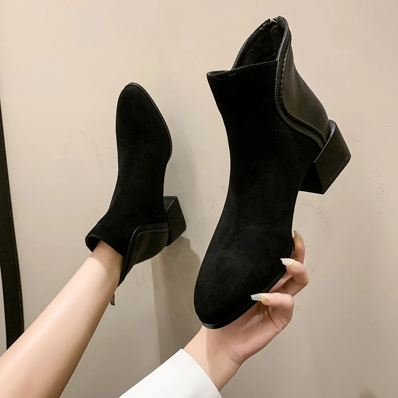 

2023 Women Elastic Fabric Boots Suede Short Boots Fashion Handmade Classic Pointed Toe Sheepskin Insole All-match ankle boots