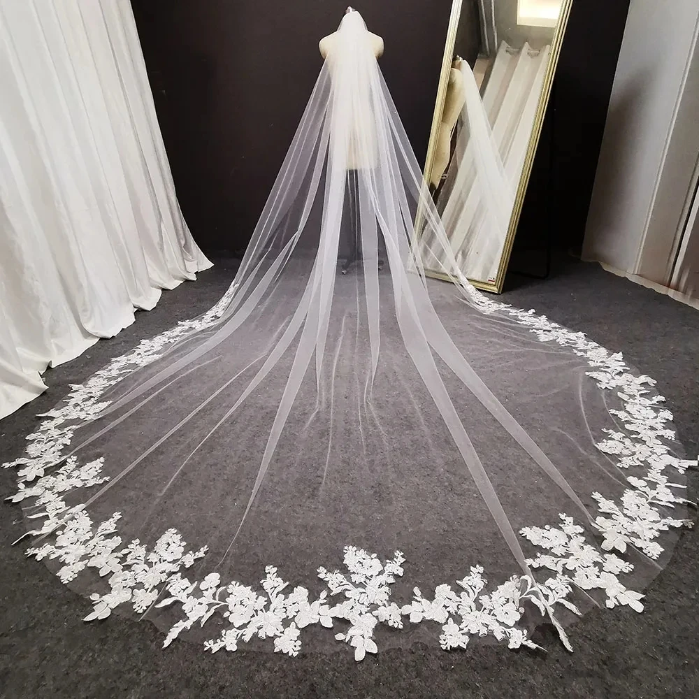 

Long Tulle Lace Wedding Veil 3/4/5 Meters White Ivory Cathedral Bridal Veils with Comb Applique Wedding Accessory Bride Headwear
