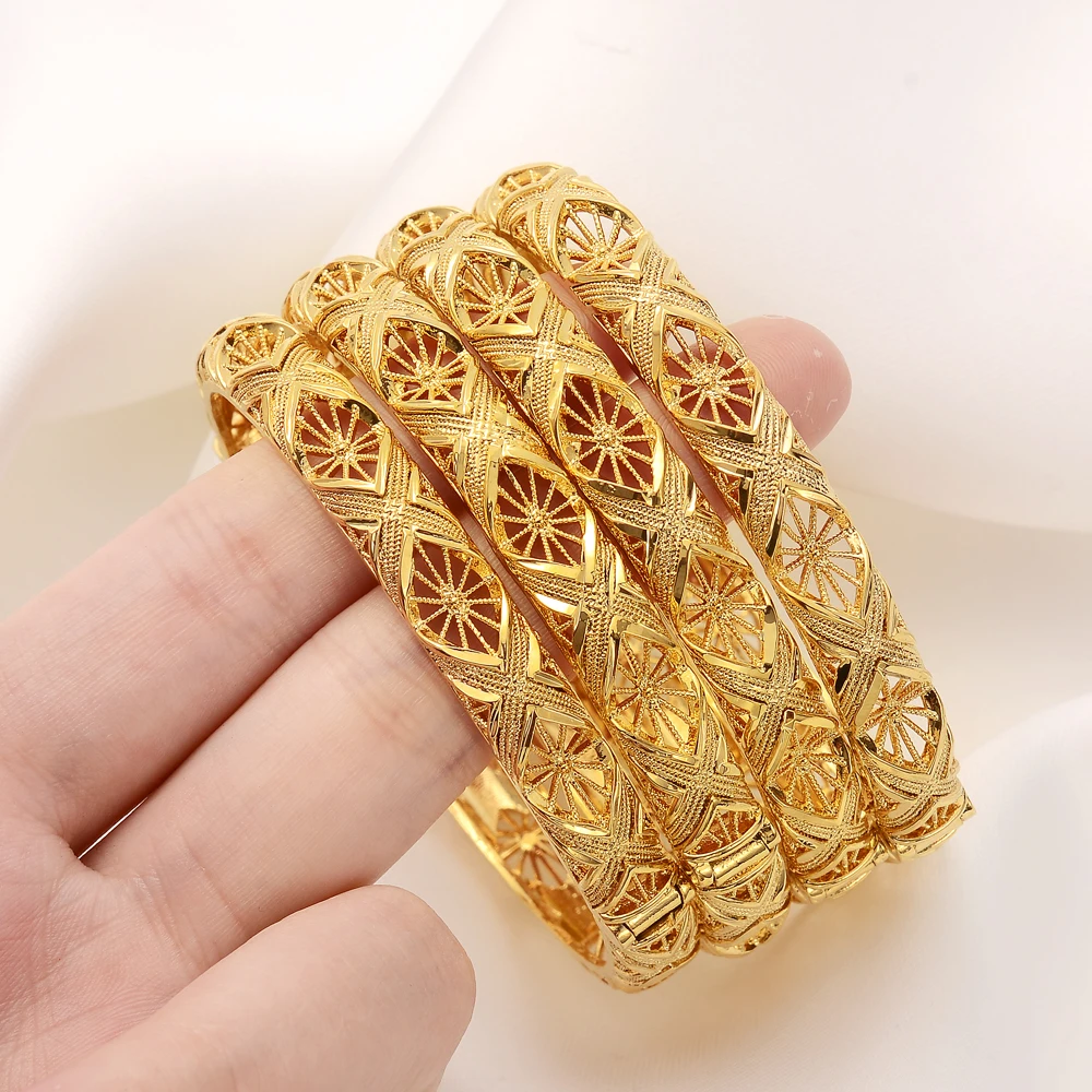 

4pcs/Set 24K Dubai Gold Color African Bridal Wedding Bangles For Women Saudi Arab Exquisite pattern Bracelet&Bangles Jewelry