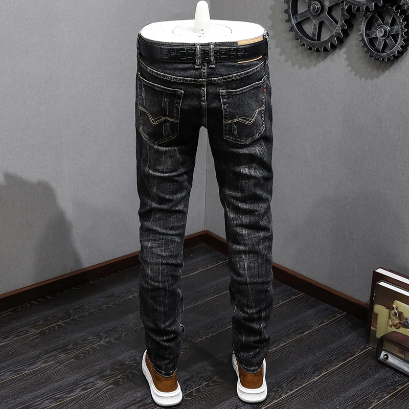Fashion Vintage Trousers Men Jeans Retro Black Gray Elastic Stretch Slim Fit Ripped Jeans Men Casual Designer Denim Pants Hombre