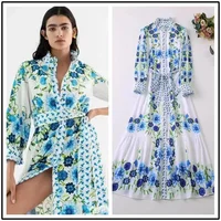 Cotton Fabric Floral Print Blue White Color Women Long Dress Stand Neck Lantern Sleeves Belt Sashes Lady Ball Gown Dresses