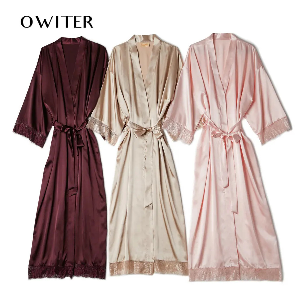 Owiter 2020 Women Long Solid Satin Robe Bridesmaid Robes Lace Robe Bridal Robe Wedding bride Robe Sleepwear Bathrobe Dressing