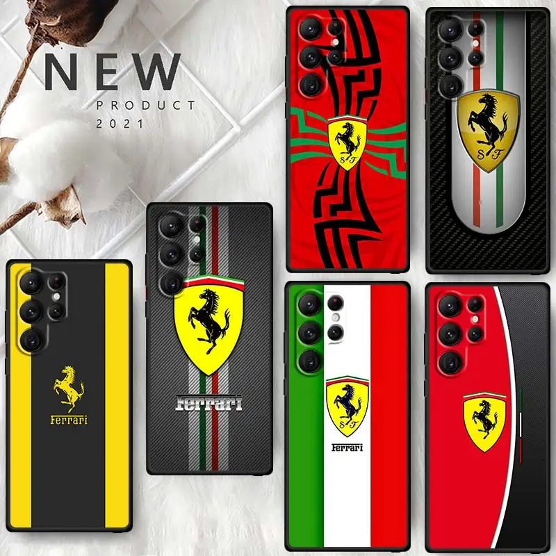 

Luxury Ferrari Car Hot Logo Phone Case For Samsung Galaxy S23 S22 S21 S20 FE Ultra Pro Lite S10 S10E S9 Plus 5G TPU Black Cover
