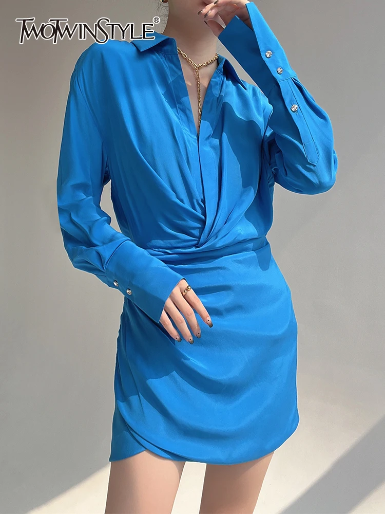 

Женское платье TWOTWINSTYLE, элегантное платье в минималистическом стиле с отложным воротником и длинным рукавом, лето 2023