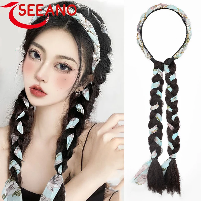 SEEANO Synthetic Boxing Braids Strap Synthetic Chignon Tail With headband  Braid Hair Ponytail Extensions Black brown Wig 40cm