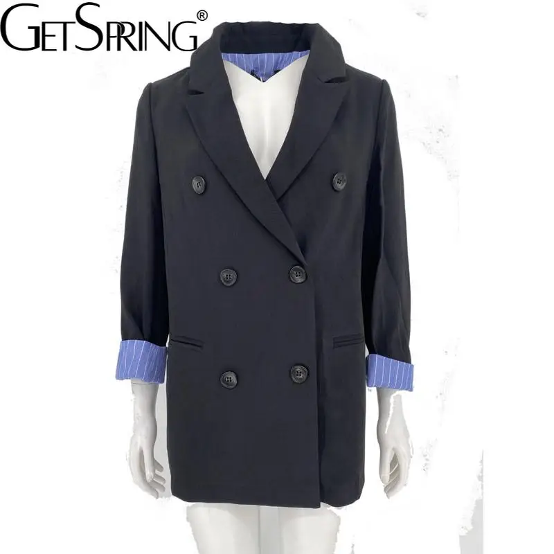 

Getspring Blazers 2022 Asymmetrical Blazer Jacket New Arrival Women Coat Spring Blue Striped Patchwork Oversized Loose Caulcal