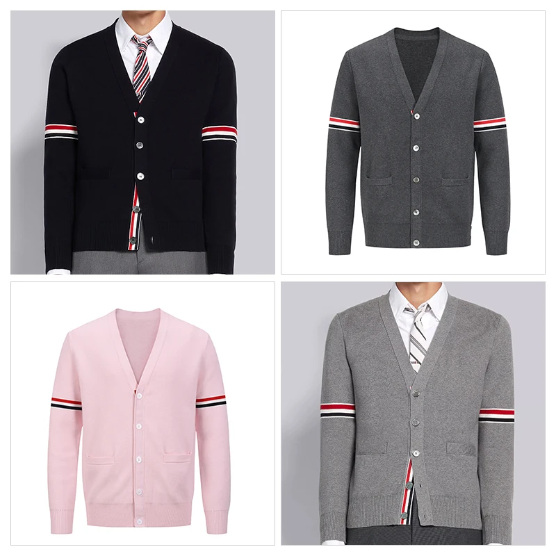 

TB THOM Women's Sweater Autumn Winter 5 Buttons Casual Coat Fashion Brand Men's Clothing Striped Armband V-Neck Cotton Cardigan