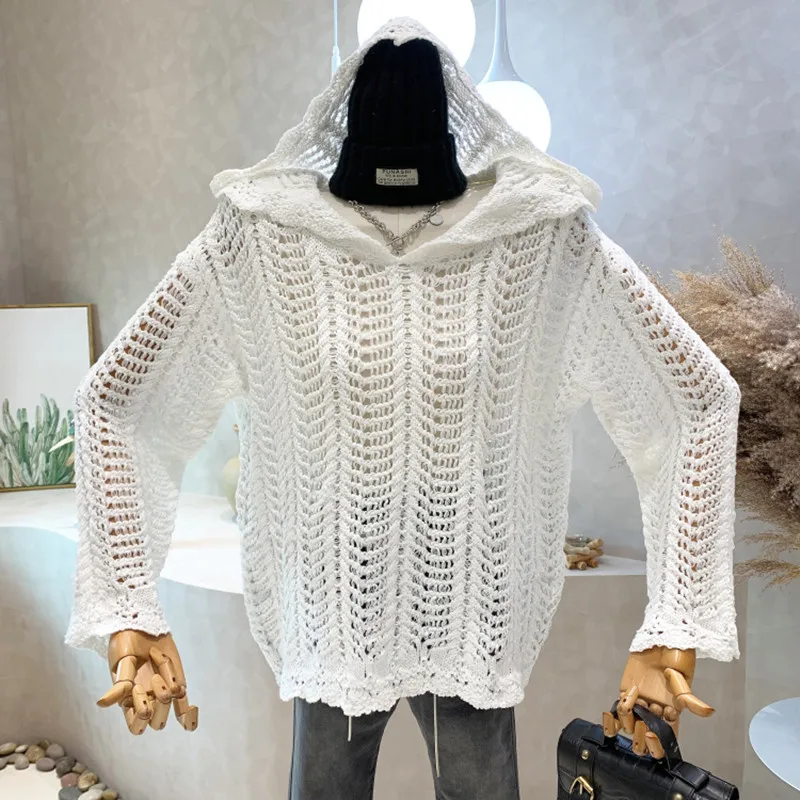 

Нишевый дизайн, новинка 2022, Женский Топ ранней осени, вязаная крючком рубашка с вырезами, Свободный пуловер с капюшоном, свитер с длинным рук...