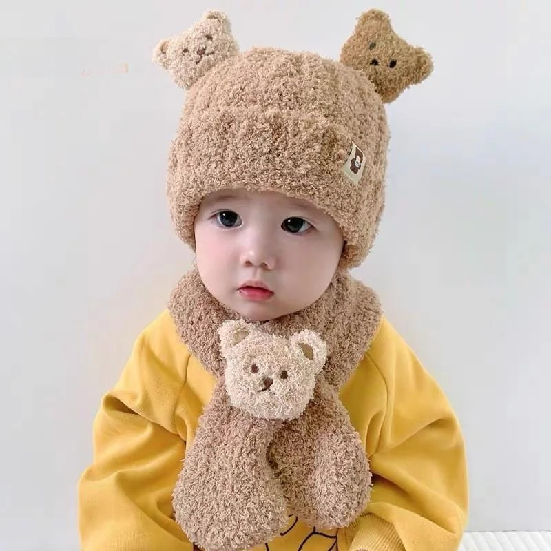 Baby Winter Bear Hat Scarf Set Cute Super Infant Children Plush Boys and Girls Warm Woolen Cap