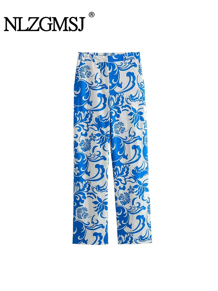 

Nlzgmsj TRAF 2023 Autumn Pant Women Vintage Patchwork Print Casual Slim Pants Female Chic High Waist Long Trousers Women