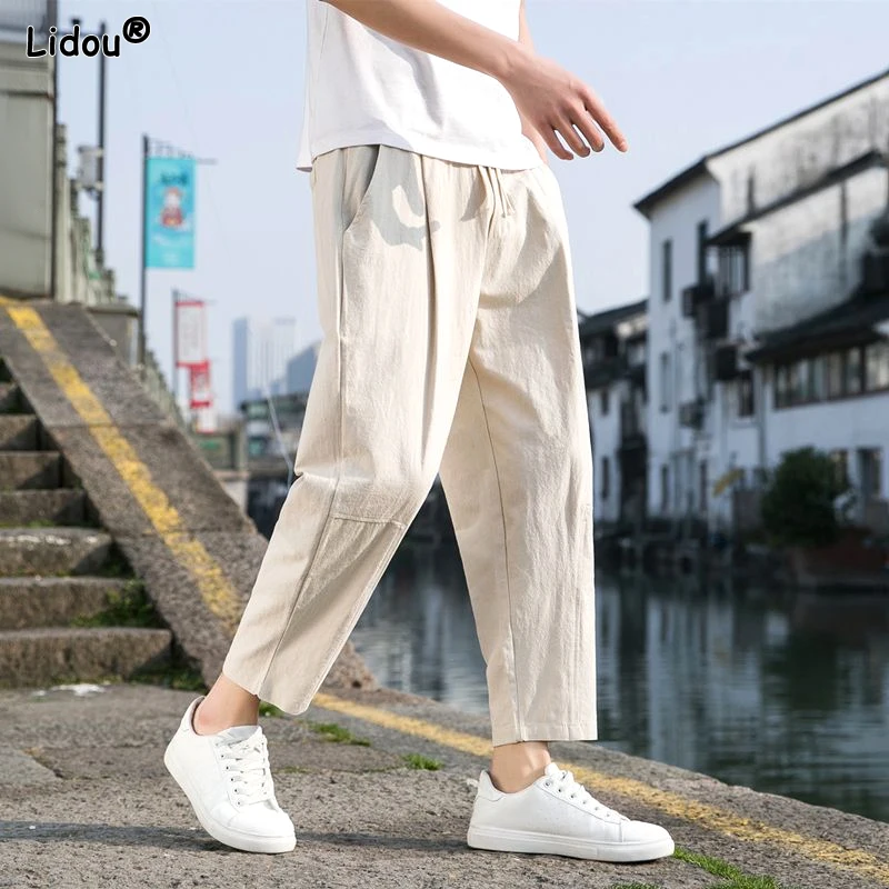 

Simplicity Elastic Waist Handsome Men's Clothing 2023 Solid Color Loose Pockets Comfortable Casual Lacing Spring Summer Pants