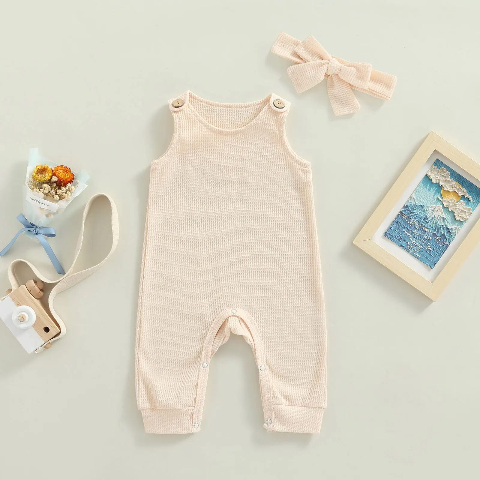 

Baby Summer Clothing Waffle Bodysuit Solid Color Crew Neck Sleeveless Jumpsuit with Buttons + Headband for Girls 0-18 Months