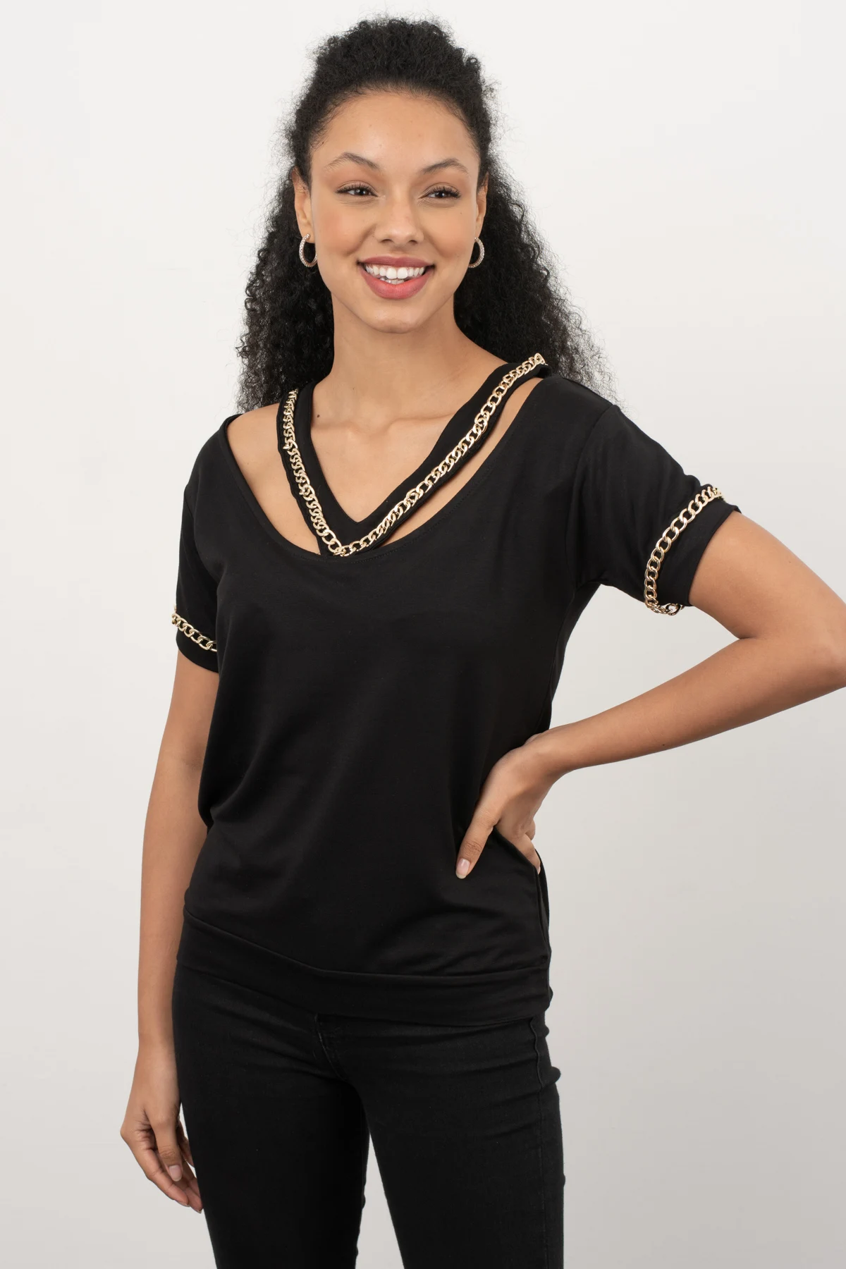 

Black Gold Chain Detail Blouse summer new season short-sleeve collar and sleeve detail casual cut modern women blouse top clothing