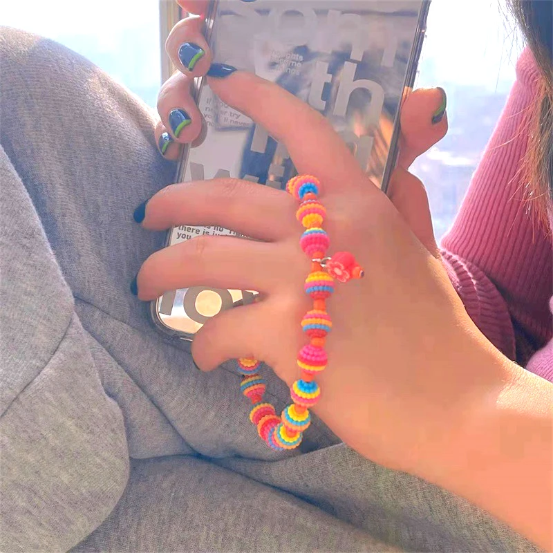 Colorful Ball Flower Key Chain Ladies Fashion Cute Romantic Vintage Keychain Charm Korea 90s Aesthetic Bag Phone Chain Gift New