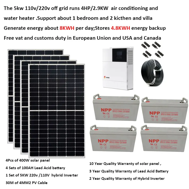 

Solar Panel Kit Complete 5000W 220V 110V Lead Acid Battery Solar Panel 400W 500W 600W Hybrid Inverter Off Grid System Home Farm