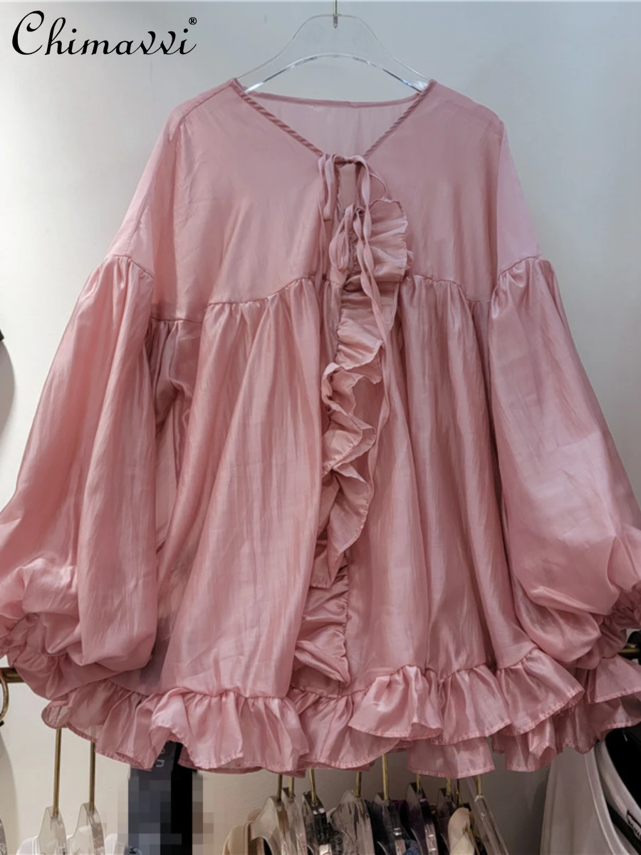 

European 2022 Summer Fashion Large Swing Doll Shirt Women's Loose Solid Color Fungus V-neck Lantern Sleeve Sun Protection Blouse