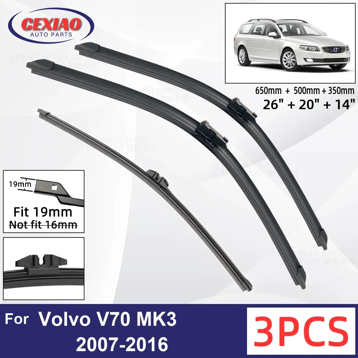 

For Volvo V70 MK3 2007-2016 Car Front Rear Wiper Blades Soft Rubber Windscreen Wipers Auto Windshield 26"+20"+14" 2013 2014 2015