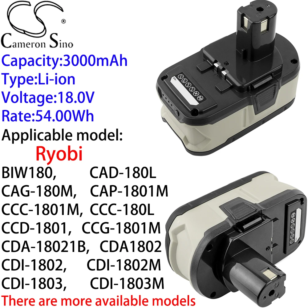 

Cameron Sino Ithium Battery 3000mAh 18.0V for Ryobi CDA18021B,CDA18022B,CDA1802M,CDC-181M,CDI-1802,CDI-1802M,CDI-1803