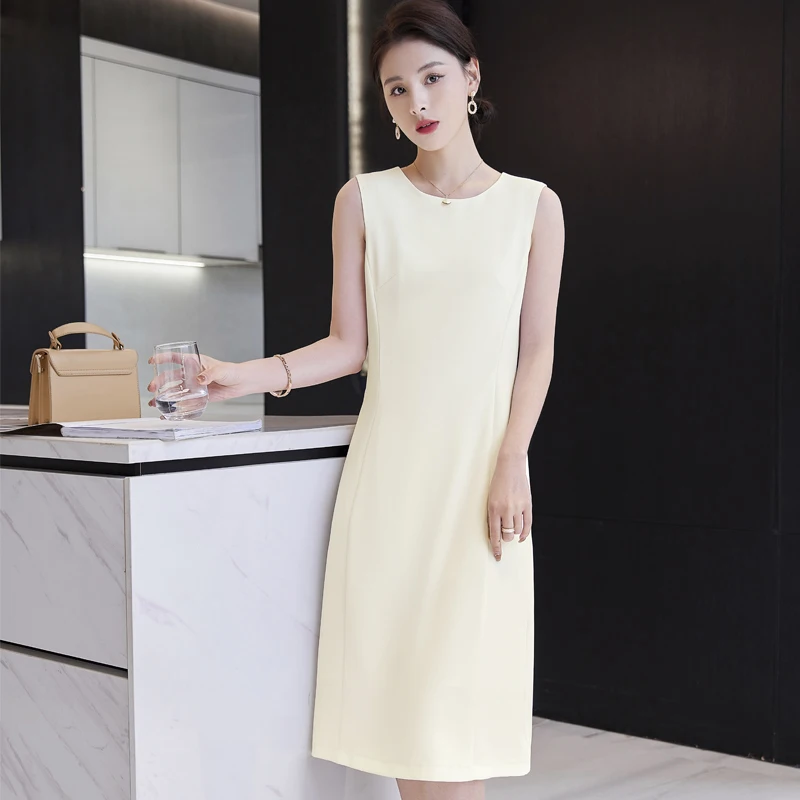 

Women Summer Dresses Tank Sleeveless Office Elegant Ladies Party Clothes O Neck Knee Length (Belt Not Included)