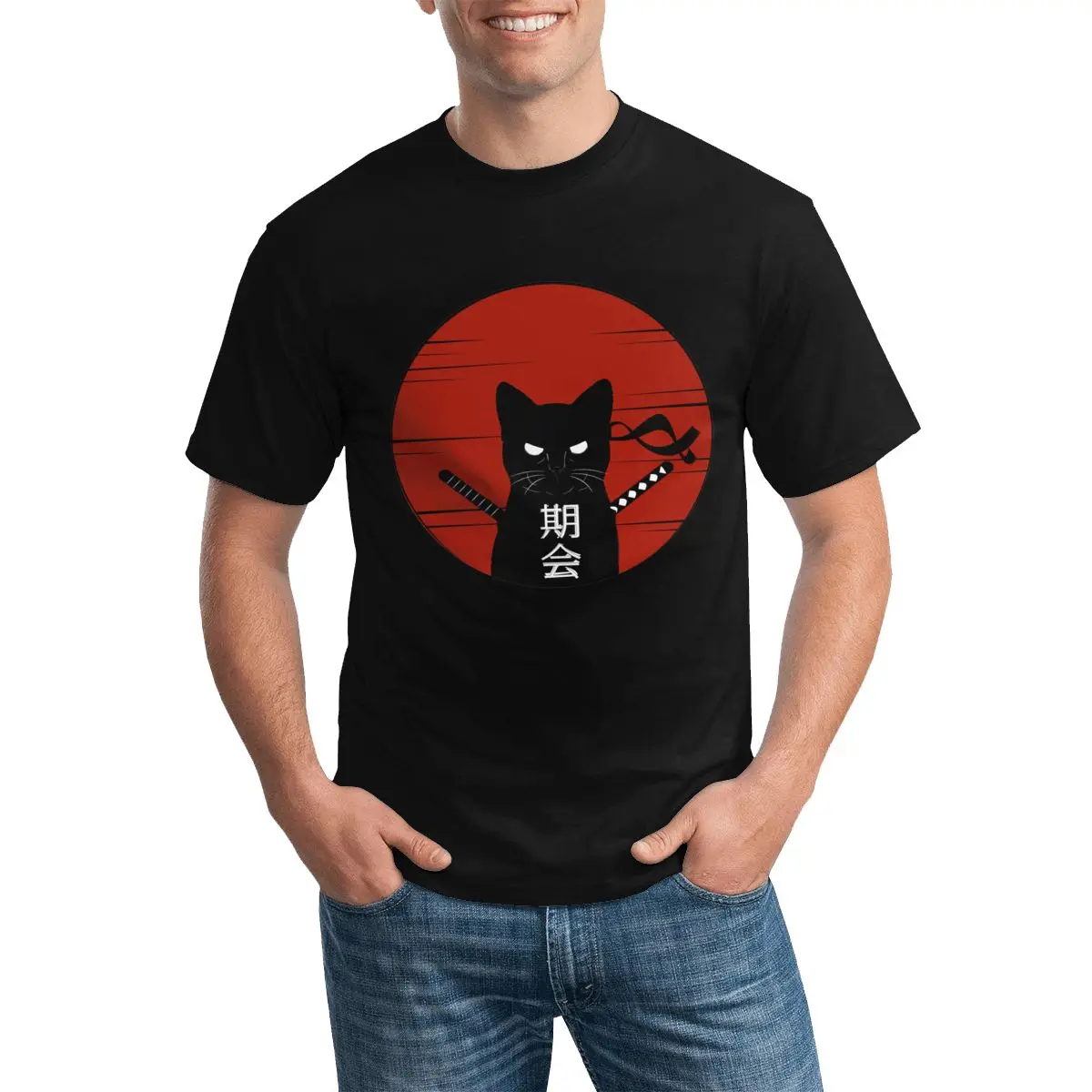 

Ninja Cat Samurai T Shirt Red Sun 100 Percent Cotton Men T-Shirt Oversize Print Tshirt Fun