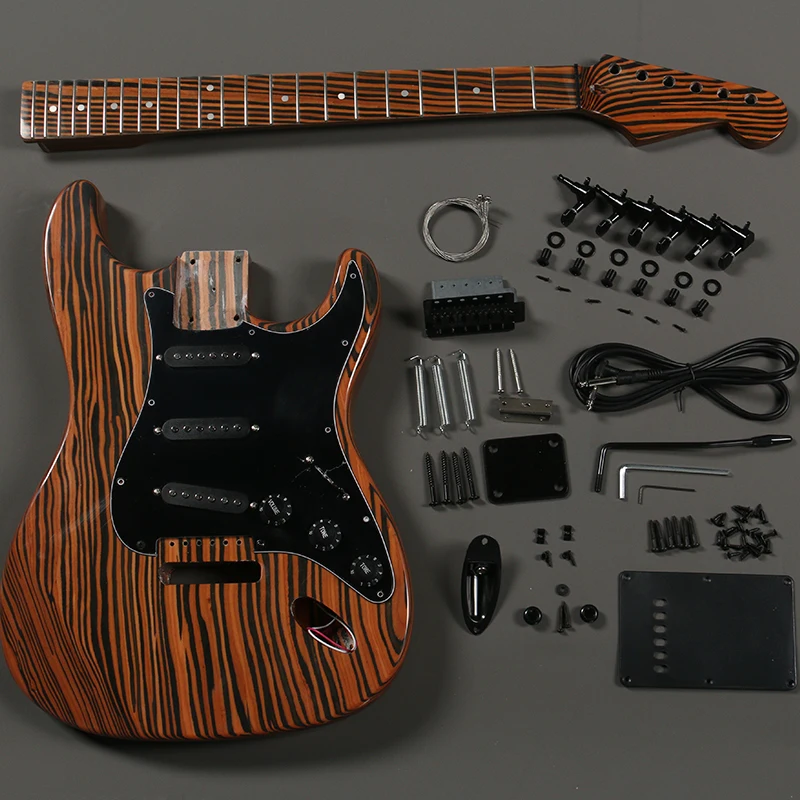 

New ST Electric Guitar Kits Right-hand Unfinished Guitar Builder Kit Pickups Chrome Hardware Zebrawood Body Neck&Fingerboard