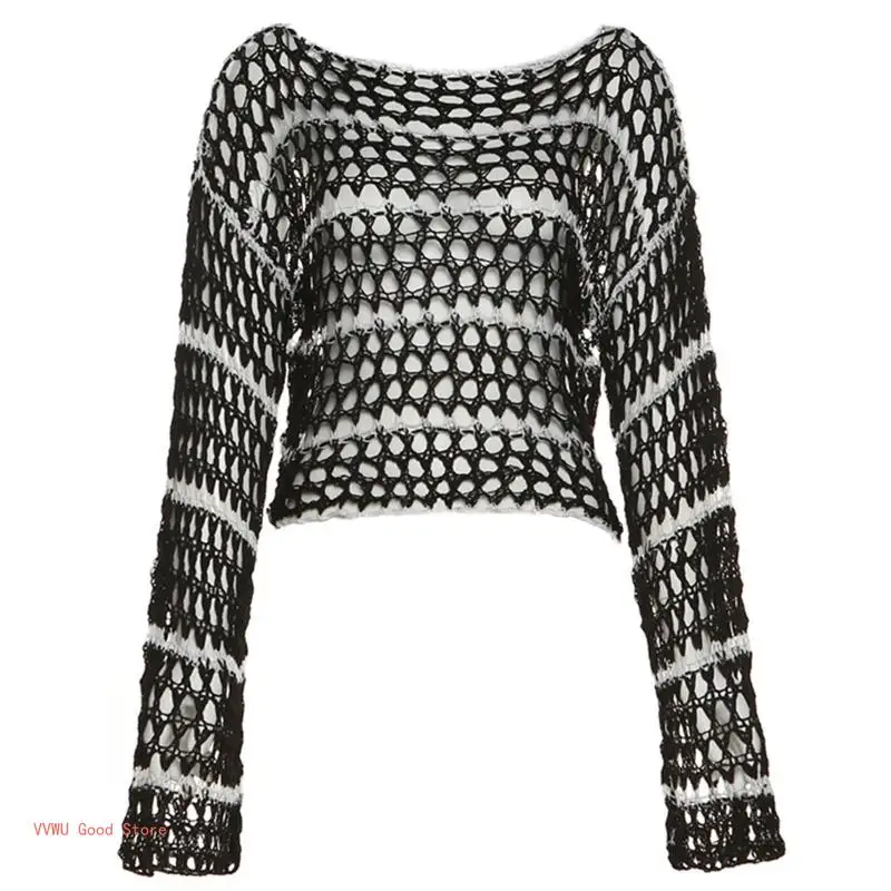 

Women Sexy Long Sleeve See Through Pullover T-Shirt Hollow Out Knitted Striped Round Neck Sweater Crop Top Streetwear