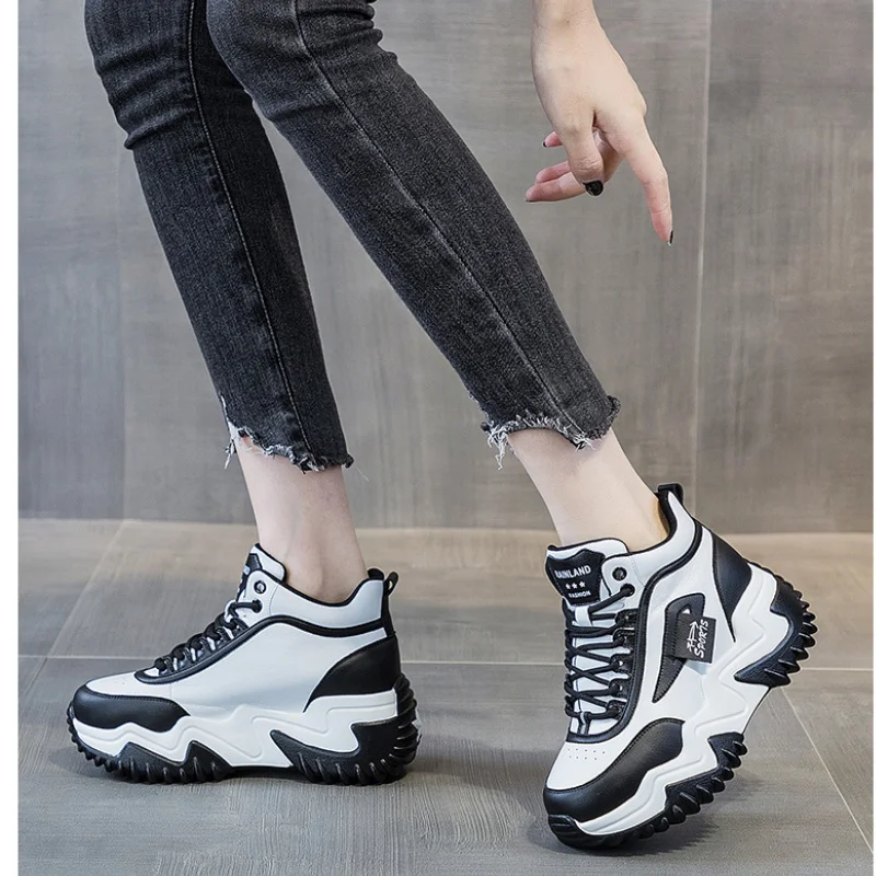 

Platform Sneakers Women Genuine Leather Eltor Shoes Patchwork Fabric Round Toe Mixed Color Lace-Up Chunky Sole Lady Trainers