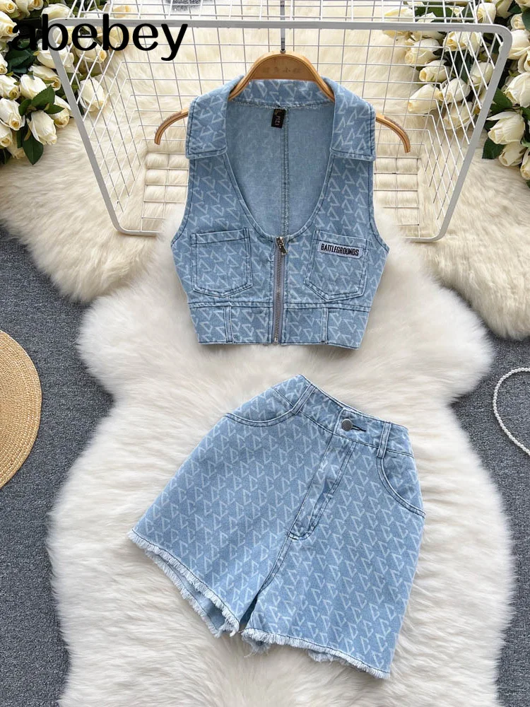 

Sexy Women Denim Hollow Out Vest Tops+Irregular Shorts Sets Female Ladies Summer Clothing Outfits Suits
