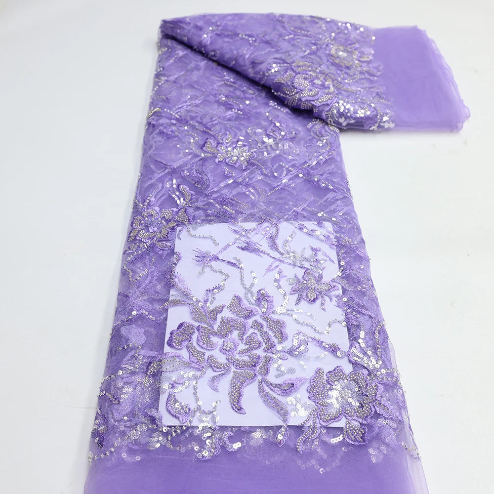 

XIYA Latest African Purple Sequins Lace Fabric 2022 High Quality 5yrds Nigerian Embroidery Beaded Lace for Wedding Dress LY1553