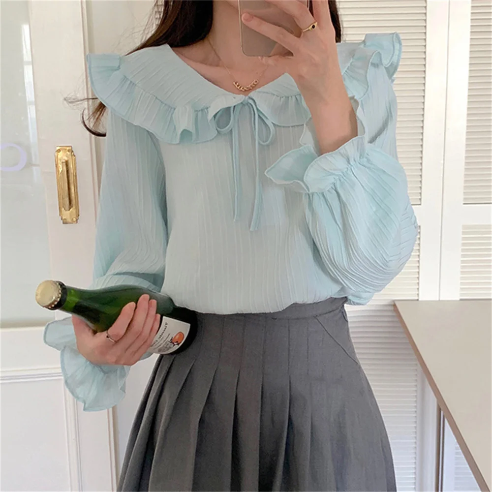 

HziriP 2022 Hot Ruffles Sweet Women Tops Peter Pan Collar All-Match Fashion Elegant Office Wear Flare Sleeve Chic New OL Blouses