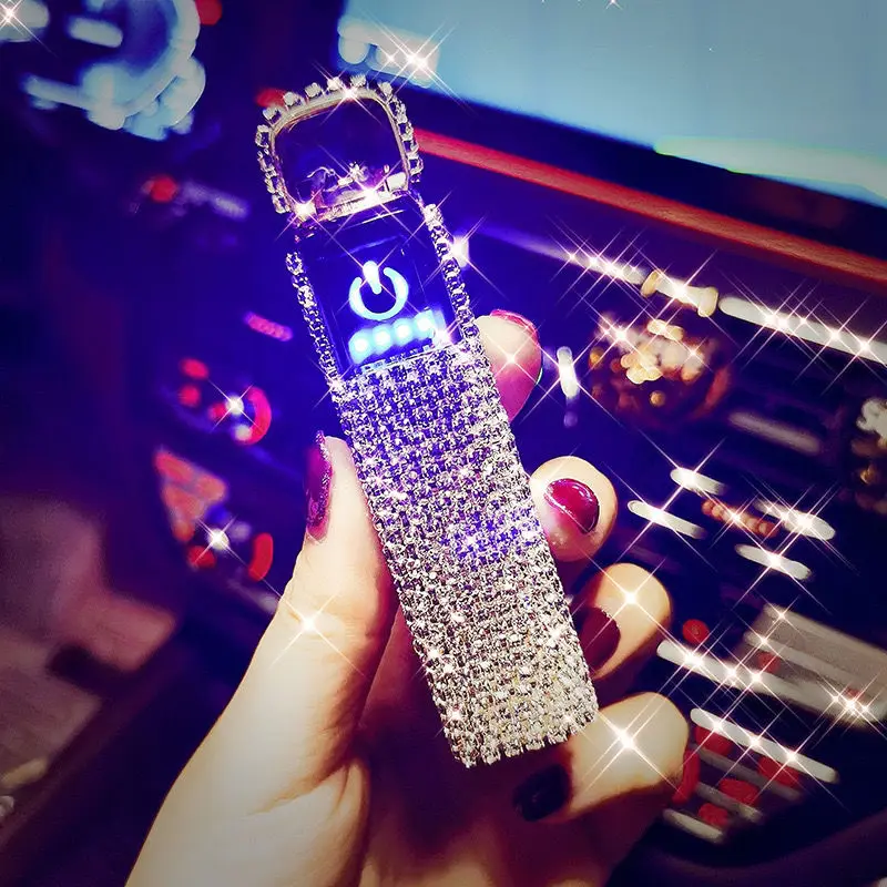 

Gorgeous Diamond Ladies USB Lighter With LED Power Display Electronic Lighters Unusual Portable Smoking Accessories Women Gift