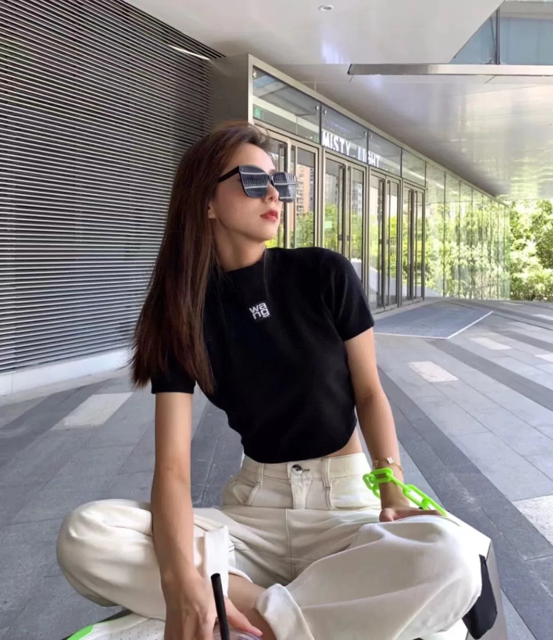 

Letter Wang Summer Fashion Women Short Cotton Knit T-shirt Sexy Solid Woman Slim Fit Stylish Girls High Street Clothing