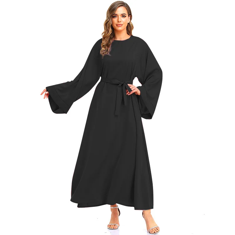 Muslim Abayat Solid Color Loose Lace Robe Femme Musulman Trumpet Sleeve Ladies Dress for Middle East, Europe and America