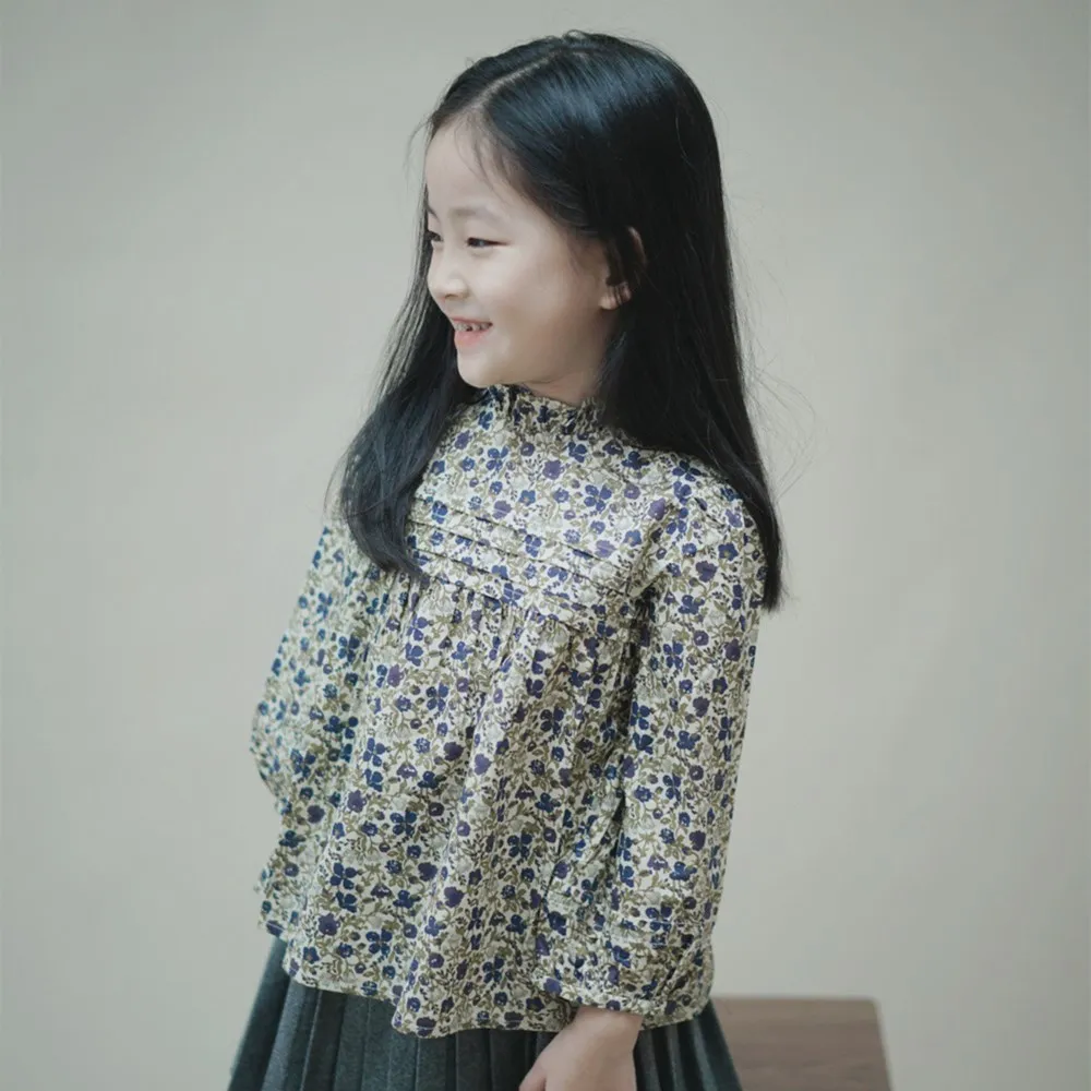 

Осенние детские топы, топ для девочек во французском стиле, хлопковая синяя фиолетовая блузка с цветочным принтом, блузка с длинным рукавом