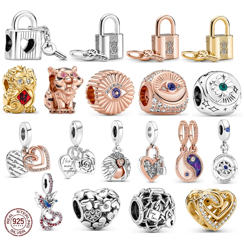 

2022 Valentine's Day New 925 Sterling Silver Rose Gold Love Padlock Key Tiger Bead Charm Fits Original Pandora Bracelet DIY Gift