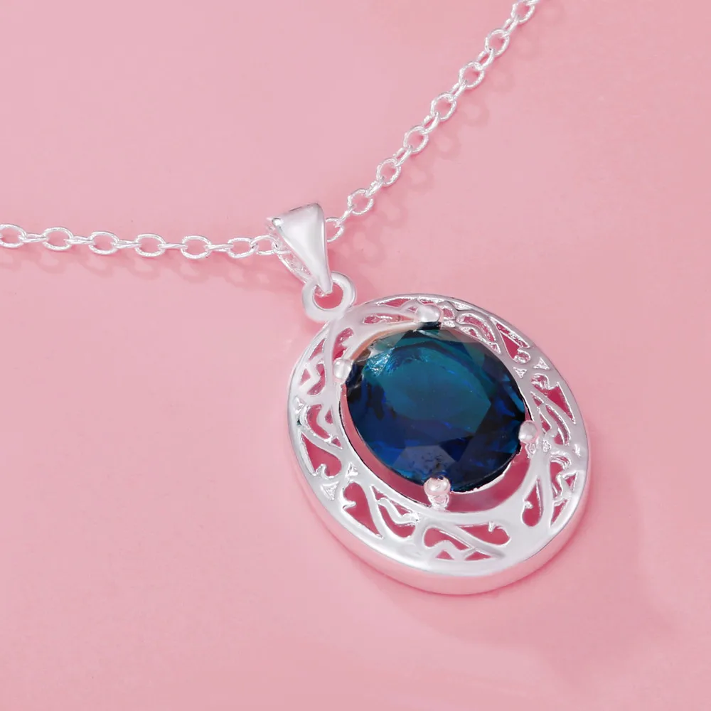 

925 Stamp Silver Beautiful Blue Crystal Oval Pendant Necklaces For Women fashion party wedding engagement Jewelry birthday gifts
