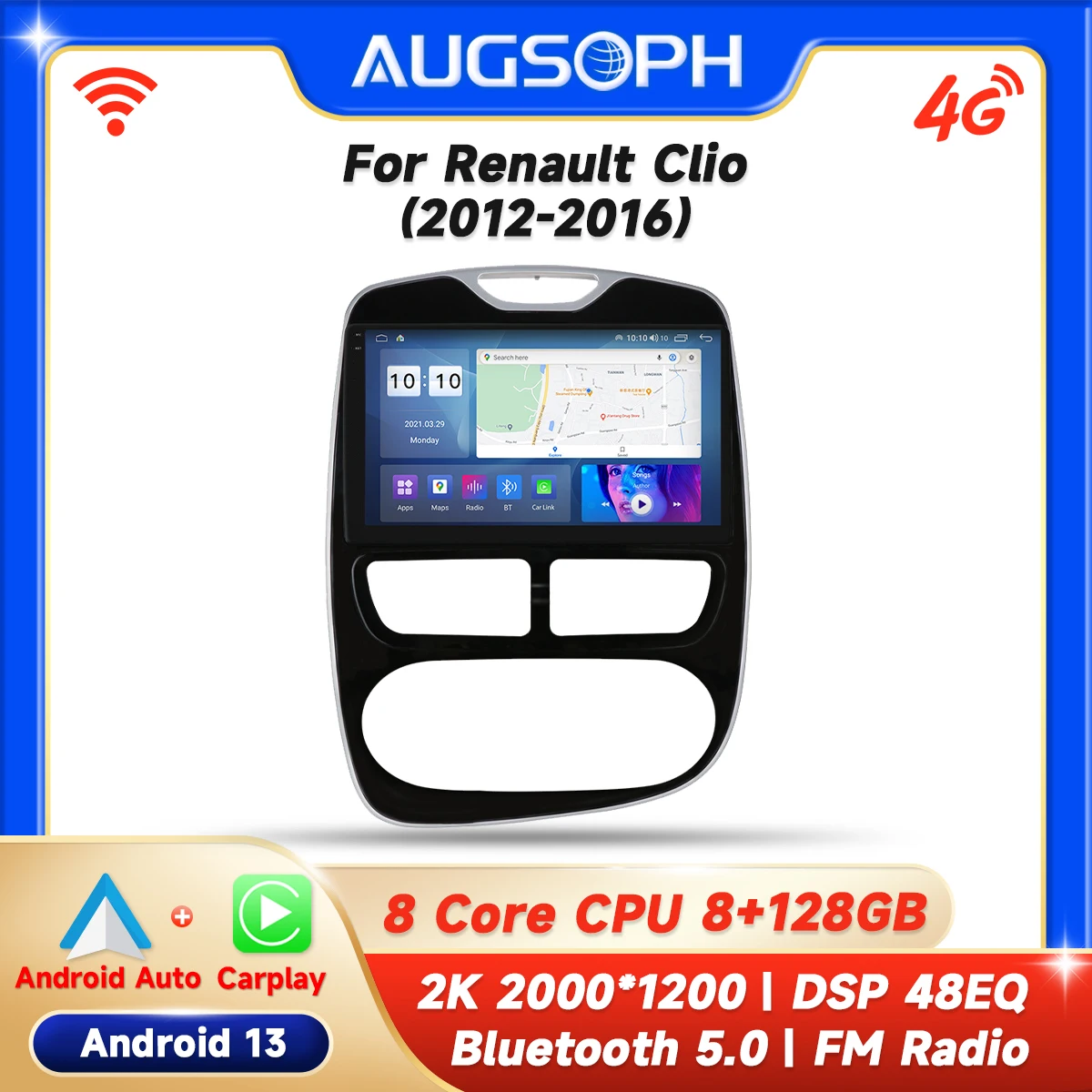 Автомобильный радиоприемник на Android 13 для Renault Clio 2012-2016 2K 10-дюймовый