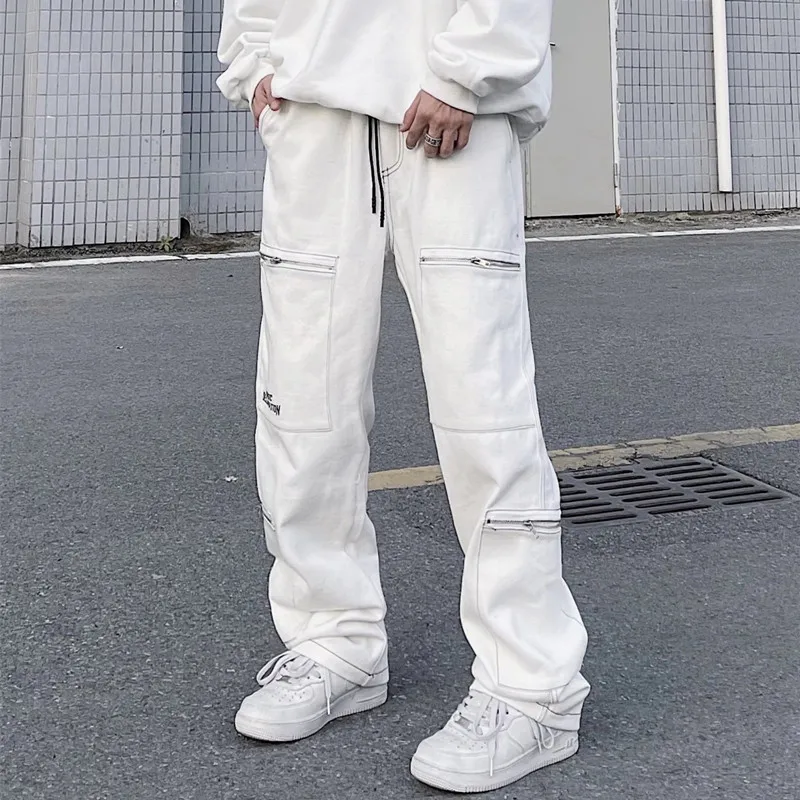 2022 Ropa Zipper Multiple Pockets White Cargo Jeans For Men Clothing Baggy Casual Tracksuit Pants Drawstring Sweatpants Pantalon