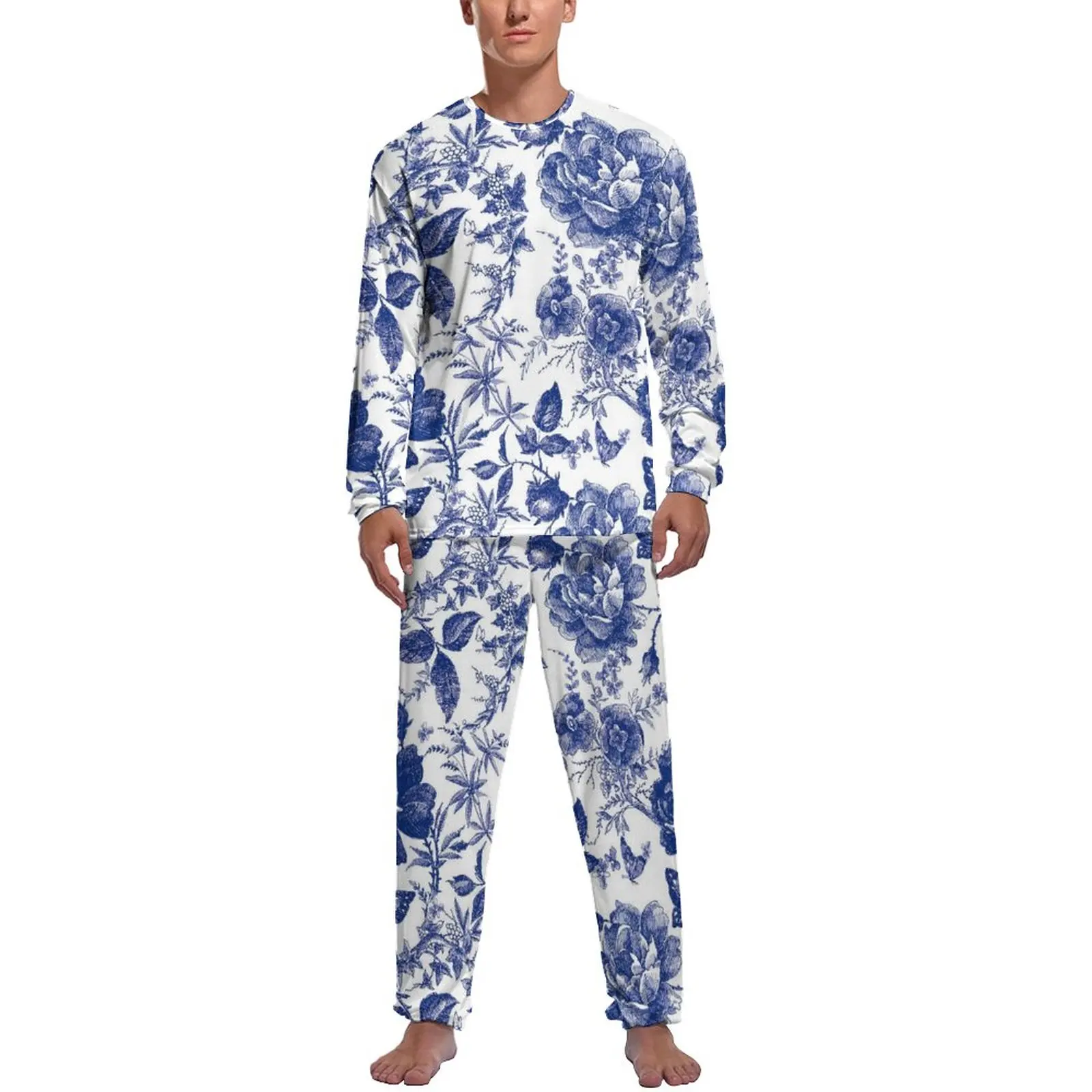 

Пижама-бабочка винтажные мужские пижамные комплекты с длинным рукавом и синими цветами, 2 предмета, Повседневная осенняя одежда для сна с графическим рисунком, идея для подарка