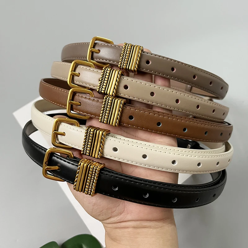 French Retro Designs Gold Needle Buckle Thin Belt Cowhide Leather Belt Decoration Jeans Shorts Gold Decoration Waist Belt