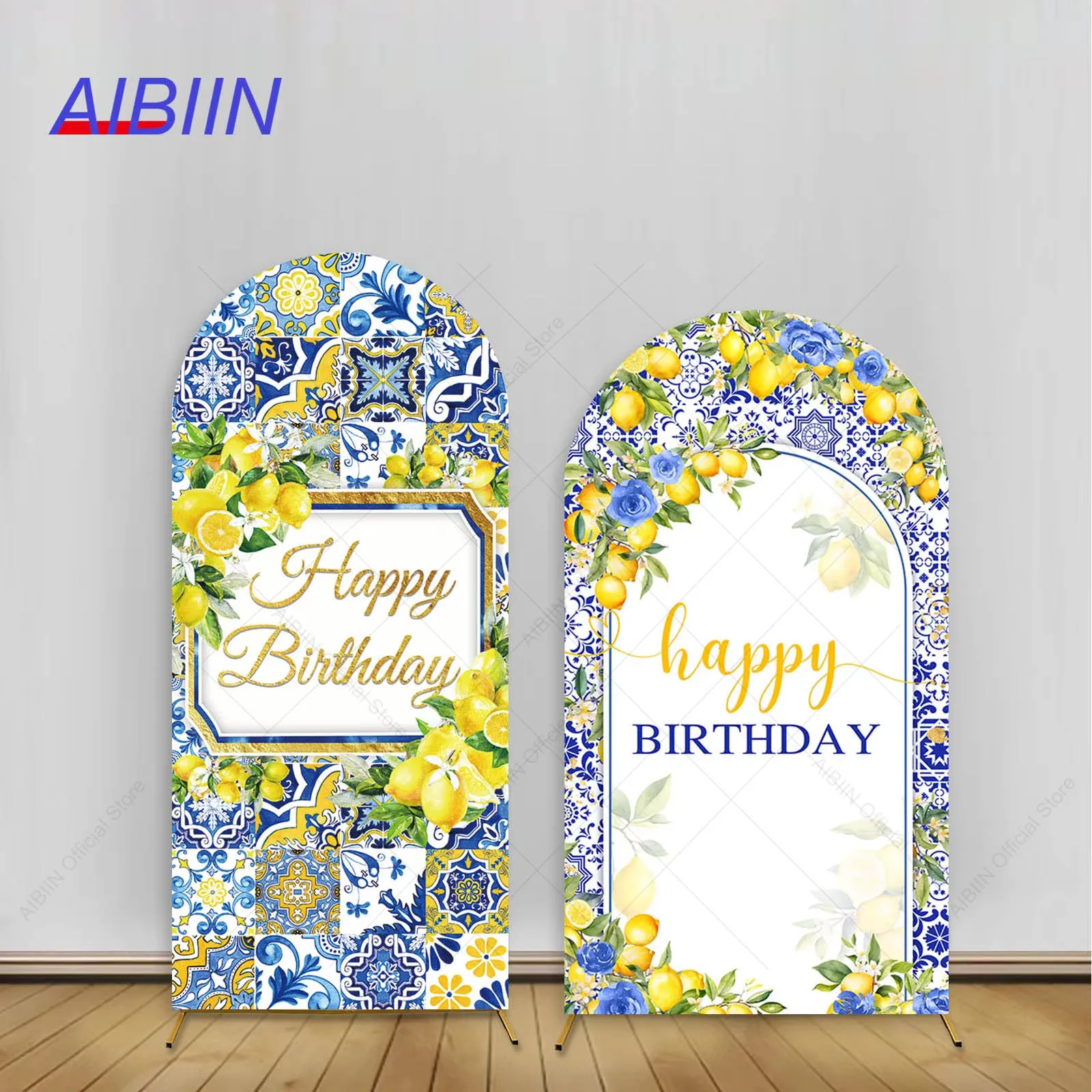 Фото Lemon Arch Backdrop Cover Happy Birthday Party Decor Blue Tile Floral Baby Kids Portrait Background Cake Table Photozone №1