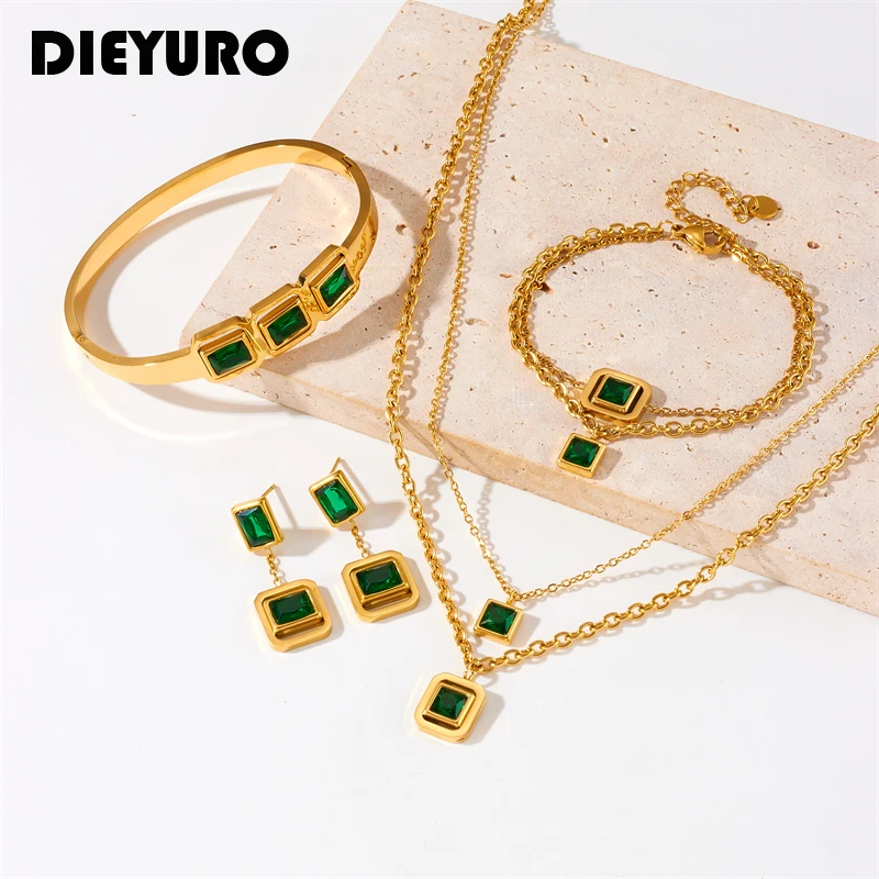 DIEYURO 316L из нержавеющей стали геометрические зеленые камни ожерелье браслет