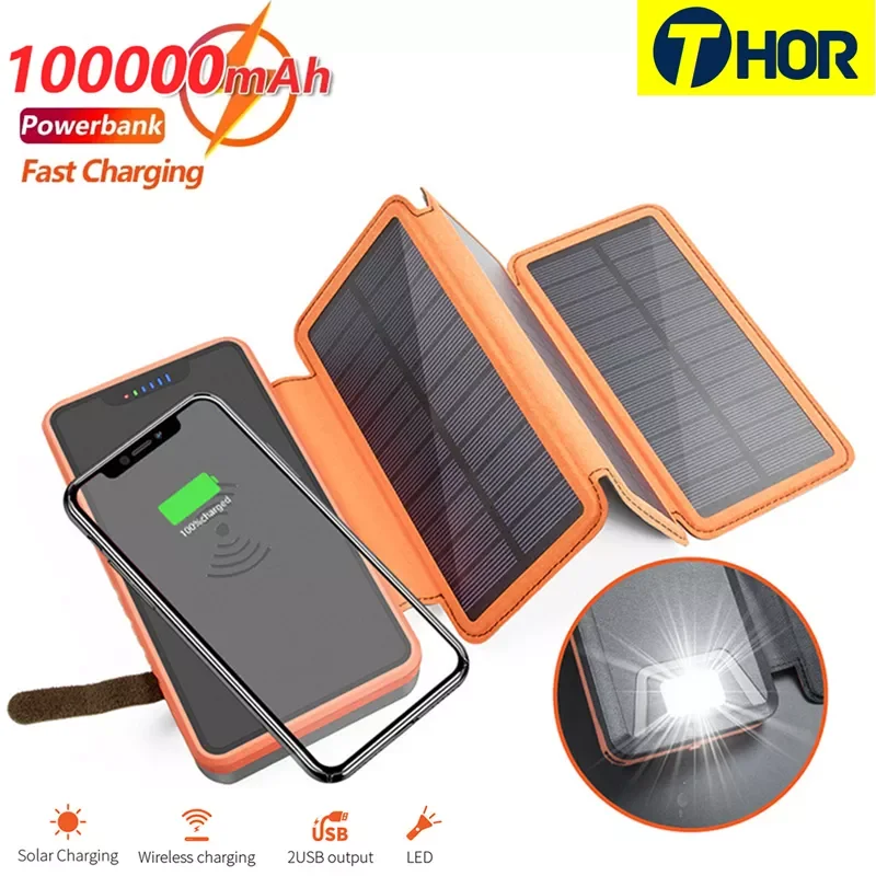

2023New Folding Solar Power Bank Wireless 100000mAh Waterproof Outdoor External Battery Pack Emergency Solar Panel Charger For P