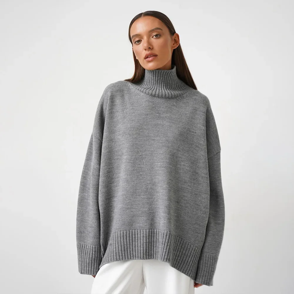 Вязаные свитера на осень и зиму однотонные свободные тонкие пуловеры с высоким